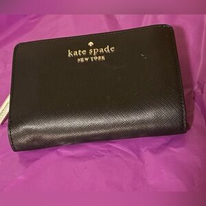 kate spade Black Saffiano Leather Zip-Around Wallet with Gold Logo
